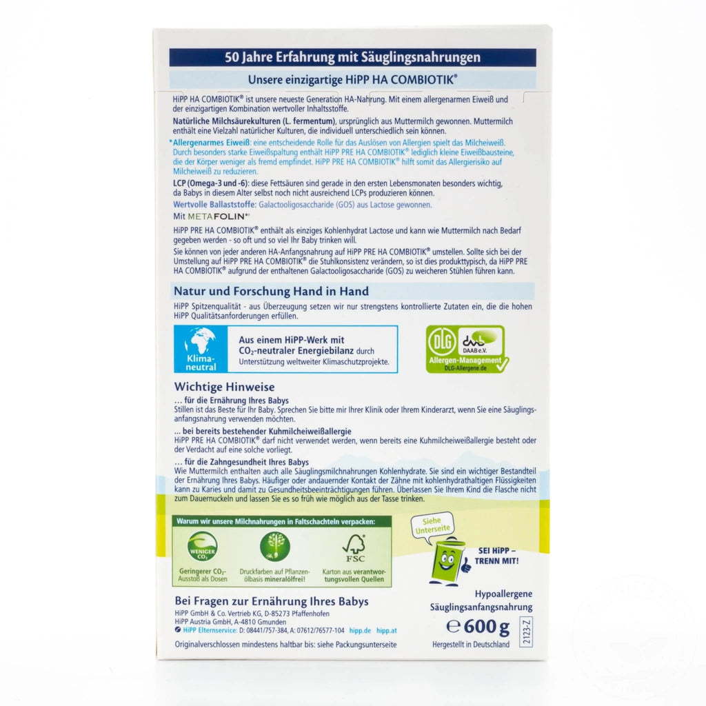 HiPP Hypoallergenic Pre Formula German Combiotic Infant Milk Formula (0-6 Months) 600g 12 Pack